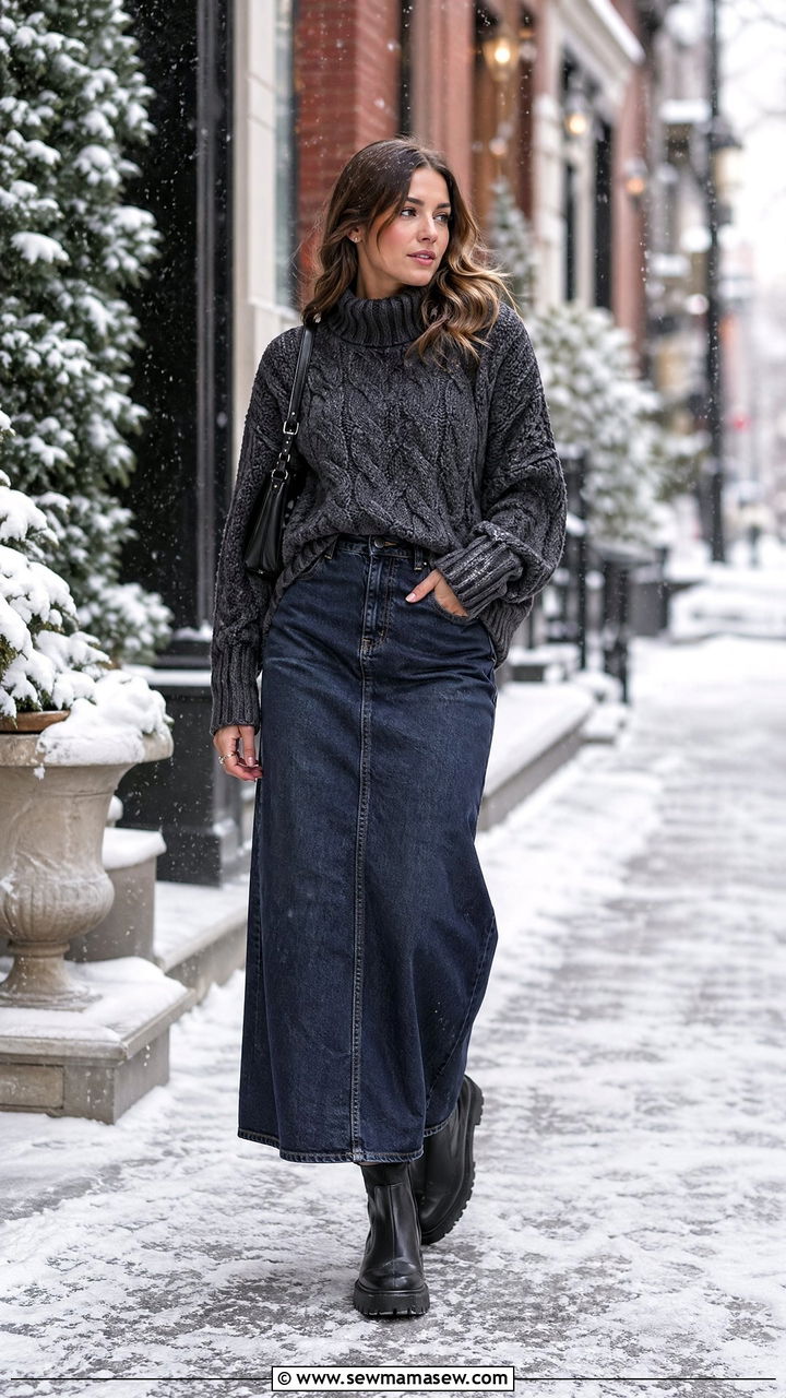Denim Maxi Skirt with Cable Knit Sweater and Lug Boots - 35 denim skirt outfits for women