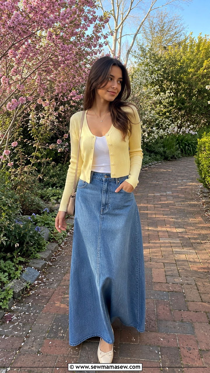 Denim Maxi Skirt with Cropped Cardigan and Ballet Flats - 30 Spring outfits with denim skirts