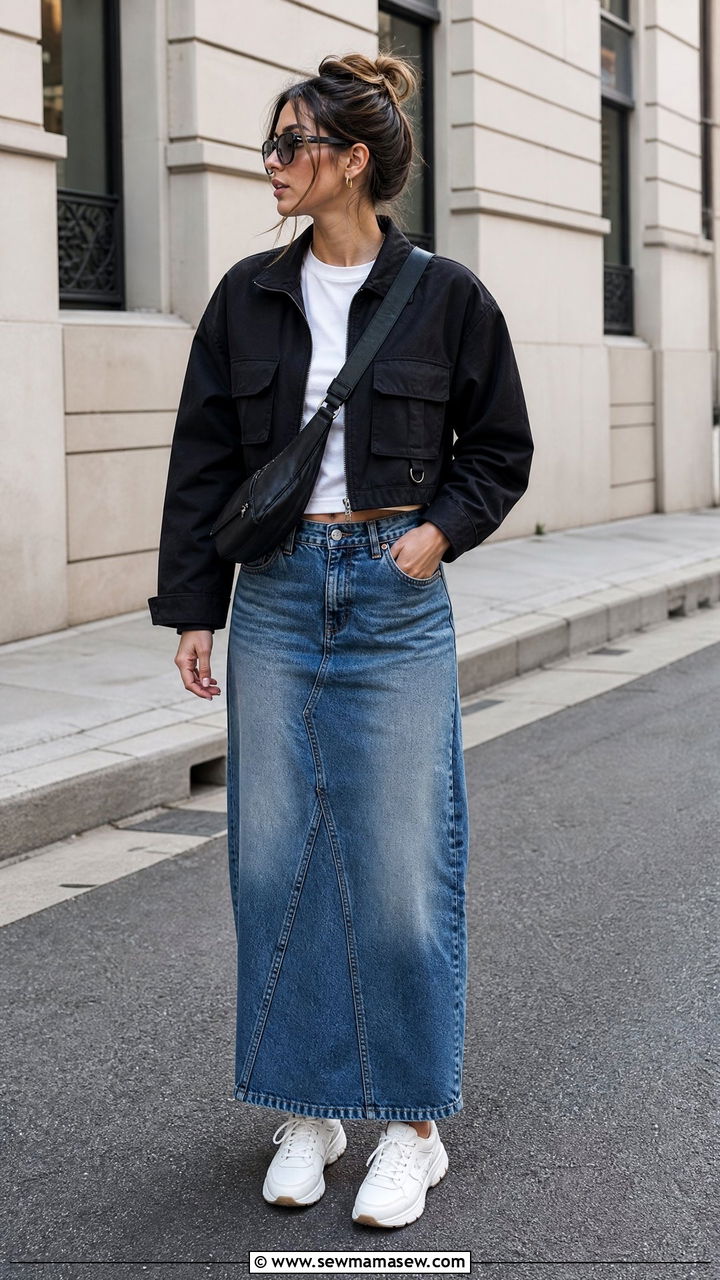 Denim Maxi Skirt with Cropped Jacket and Sneakers Outfit - 25 chic denim skirt outfit ideas