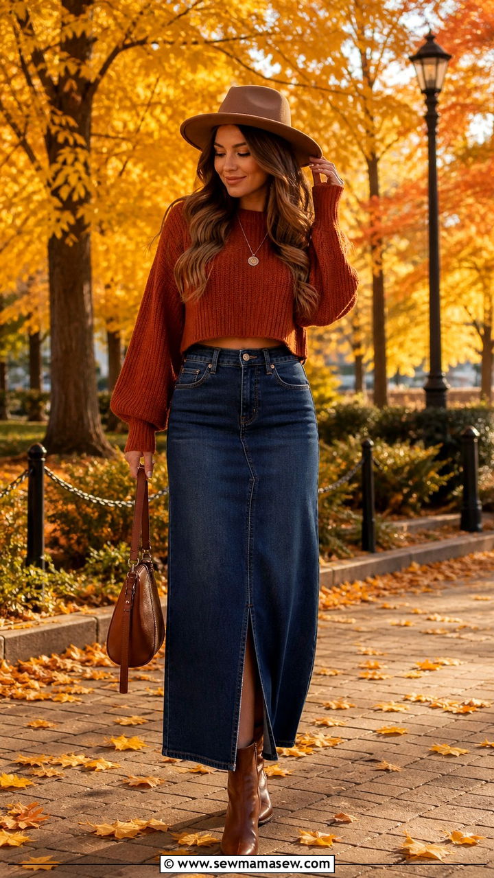 Denim Maxi Skirt with Cropped Sweater and Ankle Boots - 40 denim skirt outfit ideas