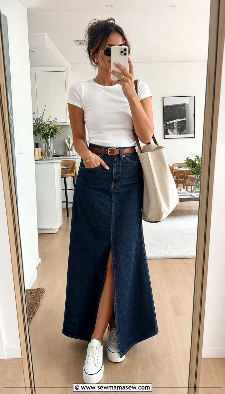 Denim Maxi Skirt with Fitted Tee and Platform Sneakers - 25 cute trendy outfits