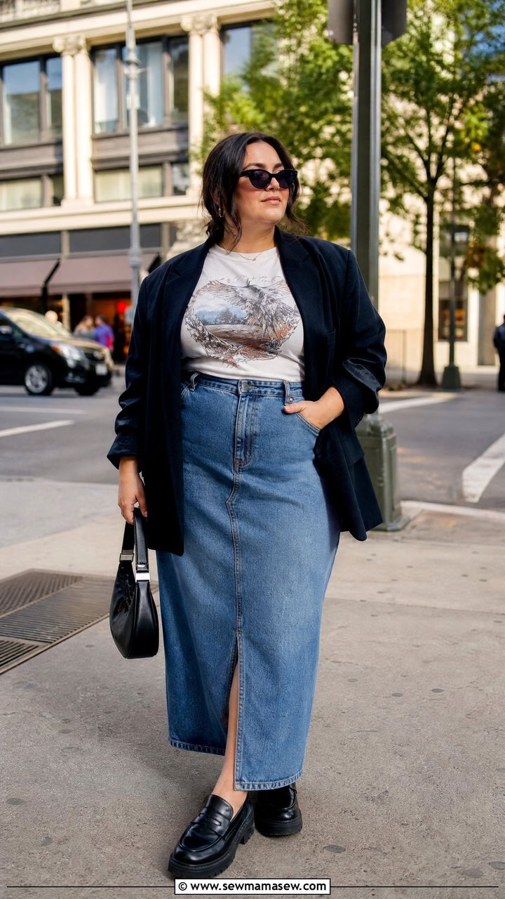 Denim Maxi Skirt with Graphic Tee and Blazer - 25 Maxi skirt outfit ideas plus size