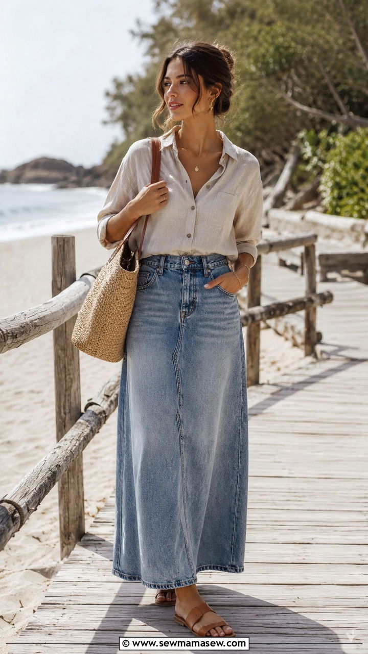 Denim Maxi Skirt with Linen Button Down and Flat Sandals - 30 Spring outfits with denim skirts