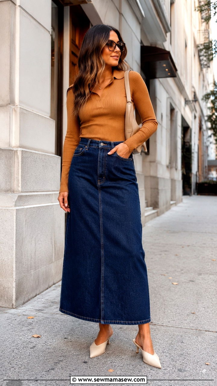 Denim Maxi Skirt with Mule Heels - 30 Maxi skirt outfit ideas with heels