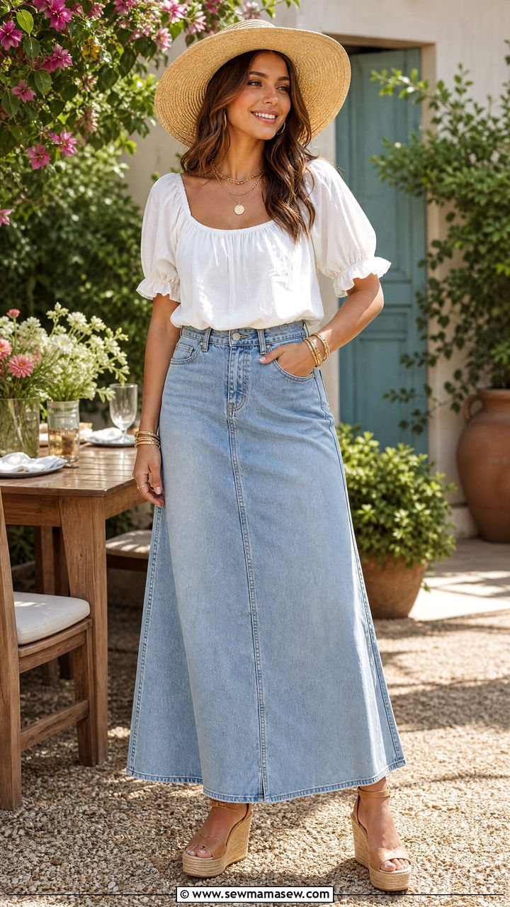 Denim Maxi Skirt with Peasant Blouse and Wedges Outfit - 25 chic denim skirt outfit ideas