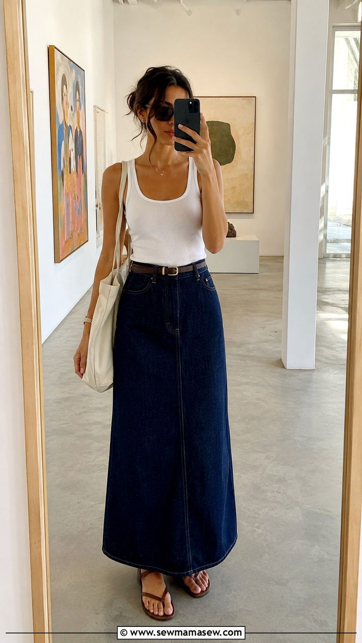 Denim Maxi Skirt with Tank Top Outfit - 20 Art show outfit ideas