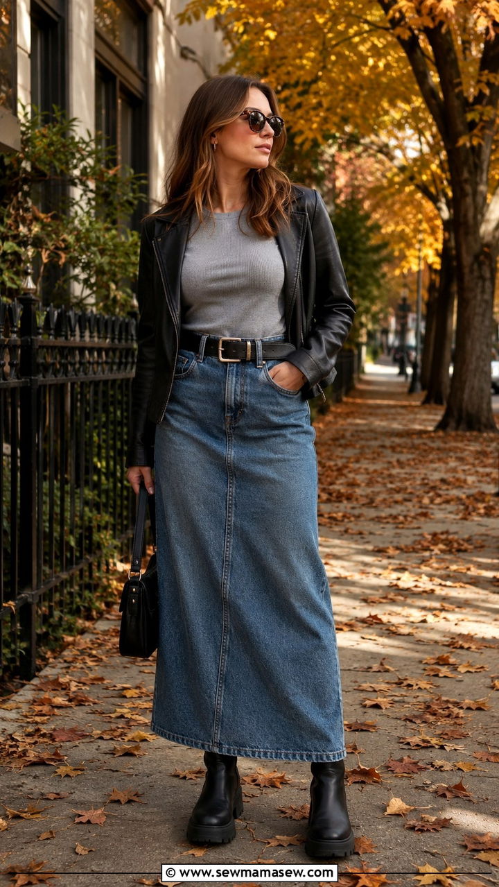 Denim Maxi Skirt with Thermal Long Sleeve Tee and Leather Jacket - 30 Denim skirt outfit ideas with a tee