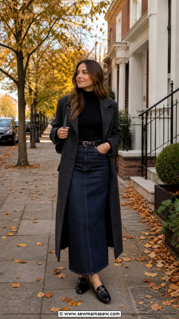 Denim Maxi Skirt with Turtleneck and Loafers - 40 cute work outfits