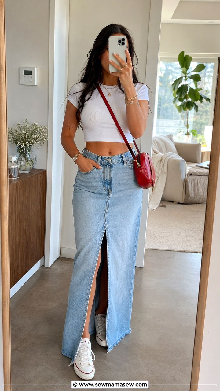 Denim Maxi Skirt with White Crop Top - 20 maxi skirt outfits 2026