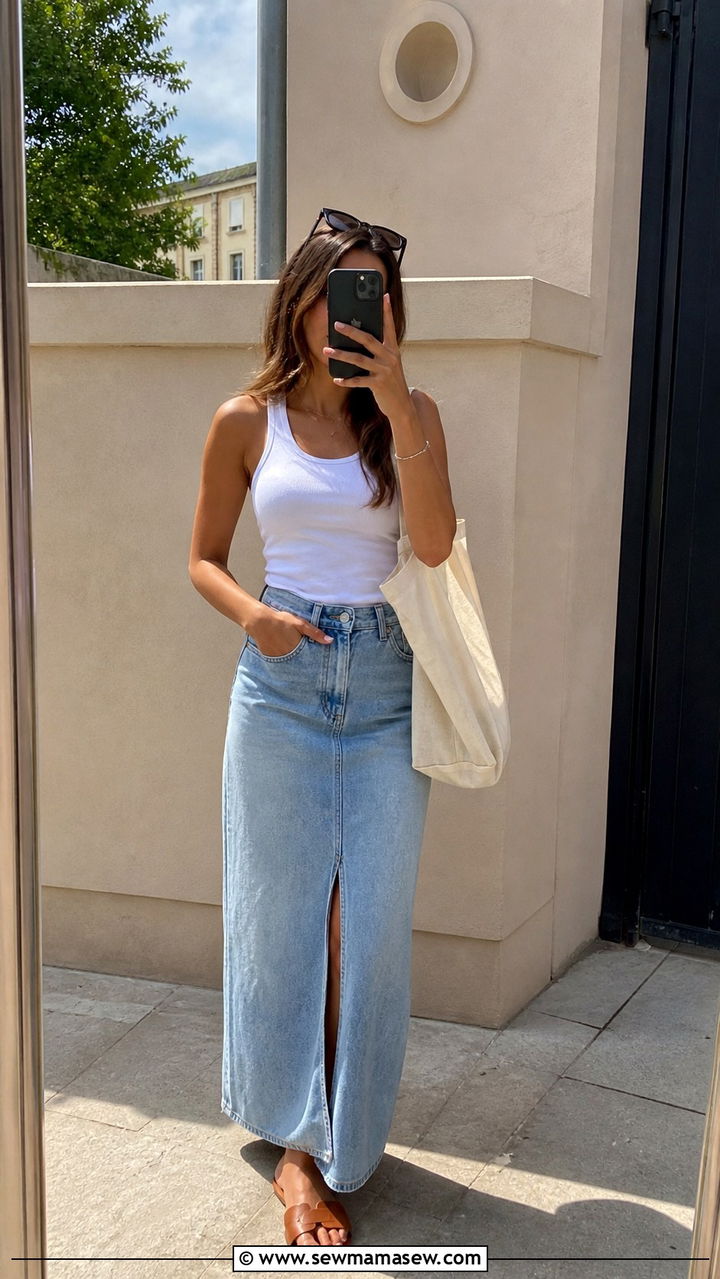 Denim Maxi Skirt with White Tank Top - 40 Chic summer outfits
