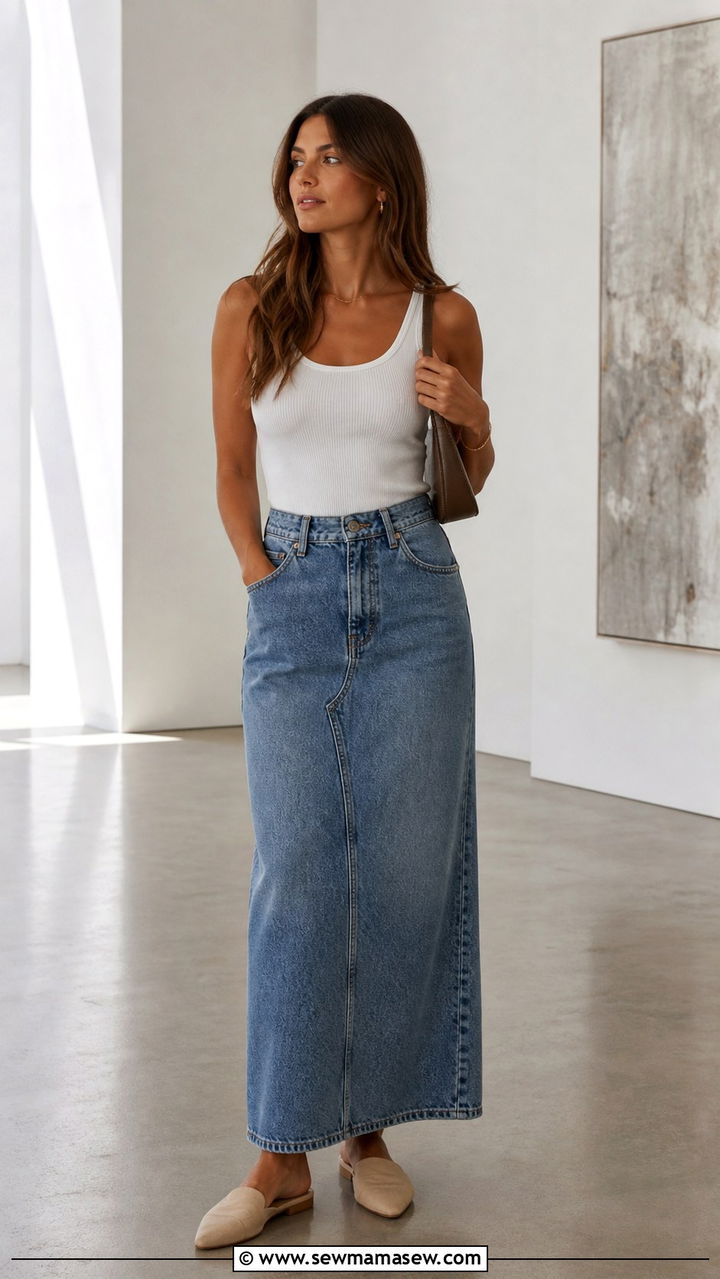 Denim Maxi Skirt with a Tank - 40 Los Angeles outfit ideas