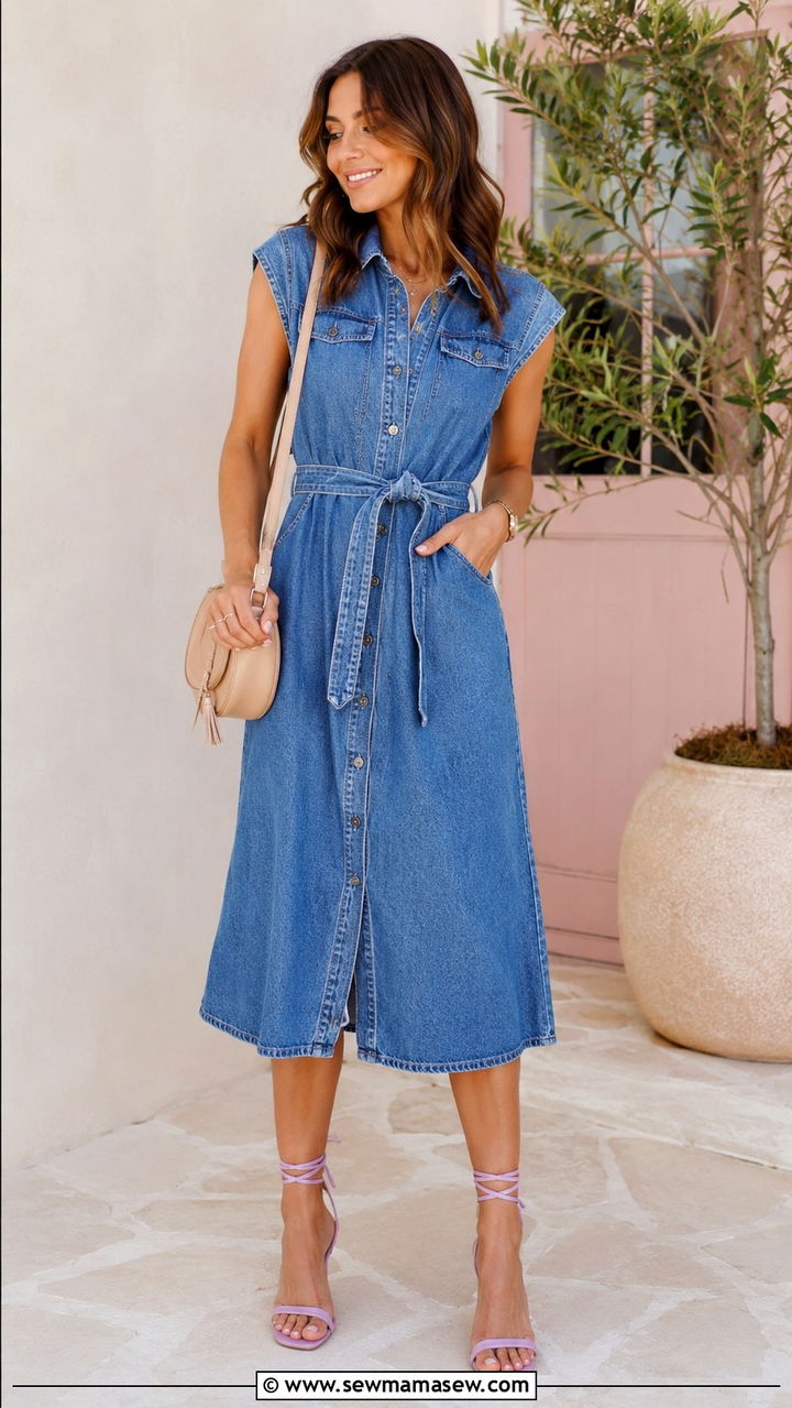 Denim Midi Dress With Ankle Tie Sandals - 30 Midi dress with sandals outfit ideas
