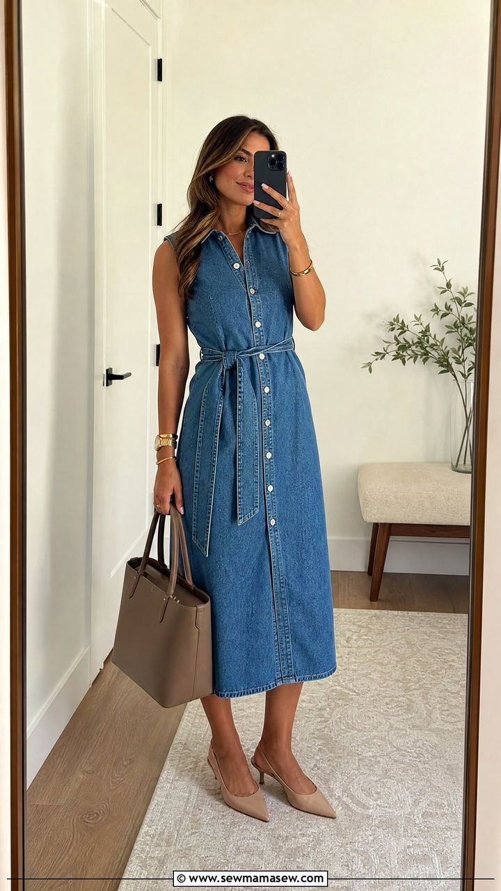 Denim Midi Dress With Kitten Heels - 30 Midi dress outfit ideas with heels