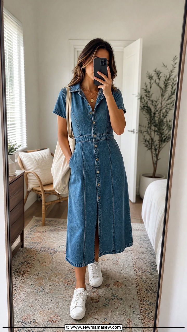 Denim Midi Dress With Sneakers - 35 midi dress outfit ideas for women