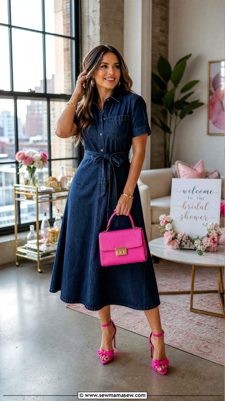 Denim Midi Dress With Statement Heels Outfit - 30 bridal shower outfit ideas for women