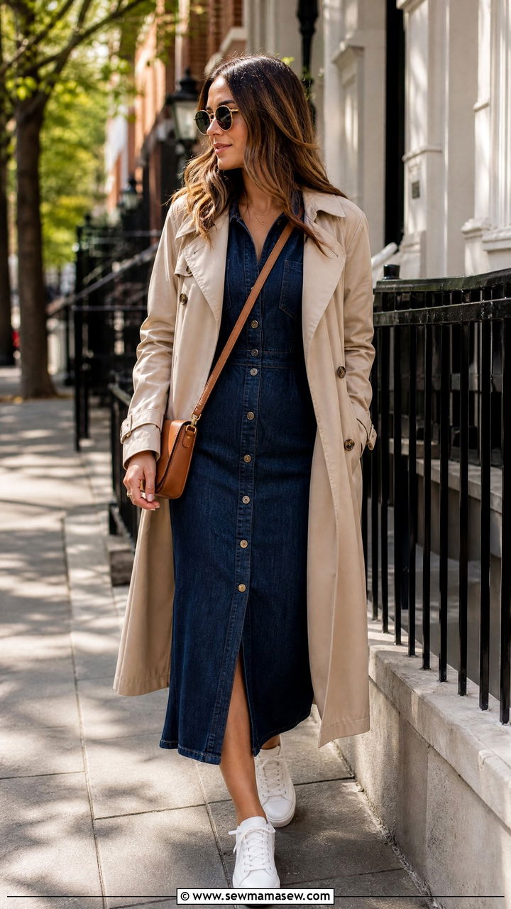 Denim Midi Dress With Trench Coat Outfit - 25 Midi dress with trench coat outfit ideas