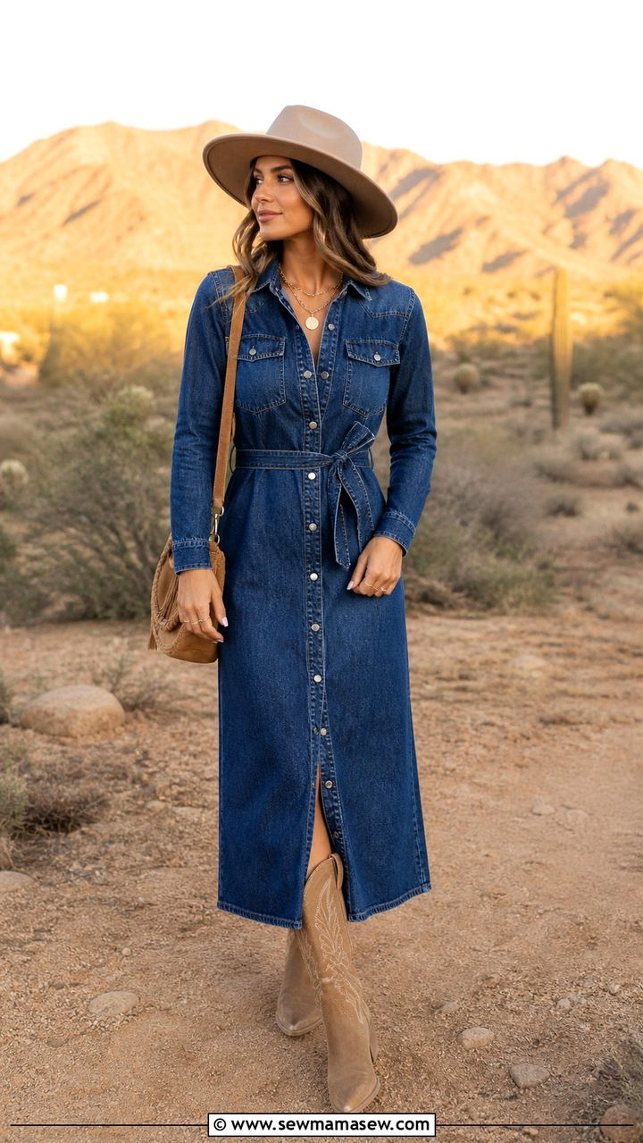 Denim Midi Dress With Western Boots and Suede Shoulder Bag - 40 summer to fall outfits