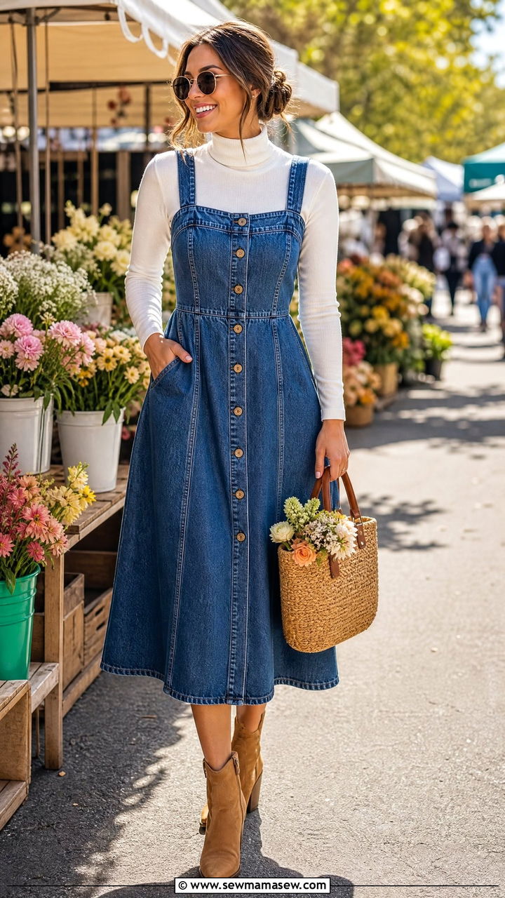 Denim Midi Dress With Western Boots - 30 Galentine's Day outfit ideas