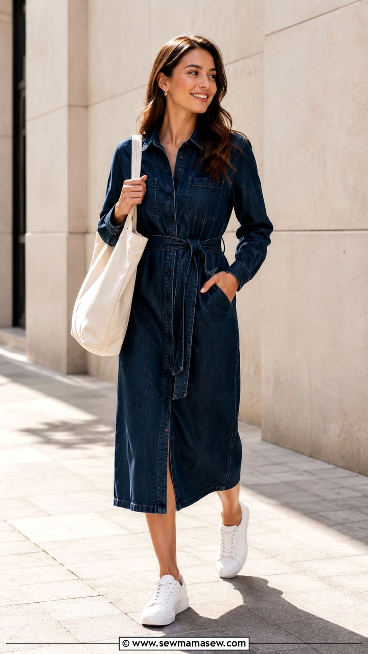 Denim Midi Dress With White Sneakers And Neutral Tote Outfit - 25 work outfits for modest women