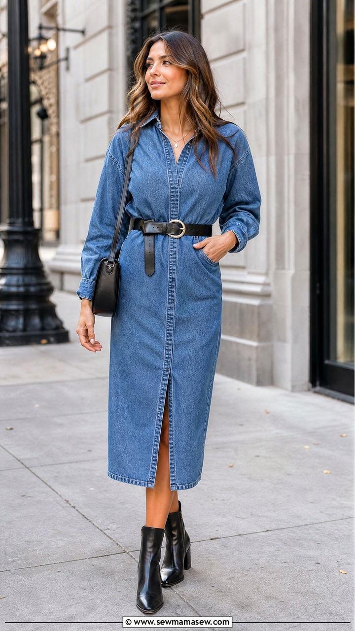 Denim Midi Dress with D Ring Belt and Ankle Boots - 30 Midi dress outfit ideas with a belt
