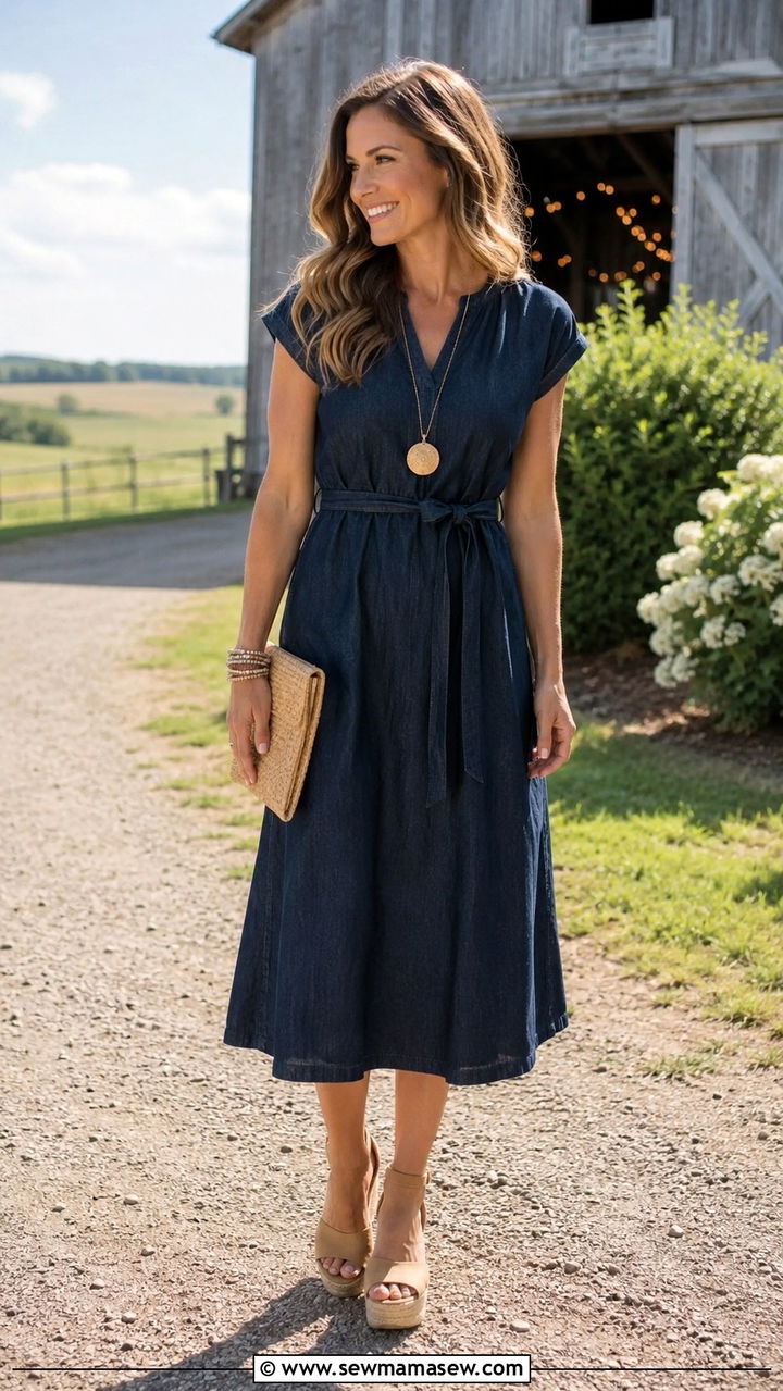 Denim Midi Dress with Espadrille Wedges - 25 Wedding guest outfit ideas for college girls