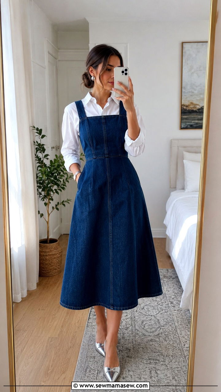 Denim Midi Dress with White Button Down - 30 spring outfits for modest women