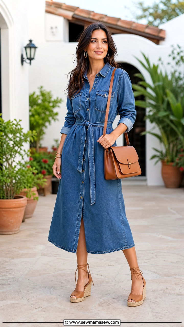 Denim Midi Shirt Dress With Espadrilles - 40 Summer denim outfits