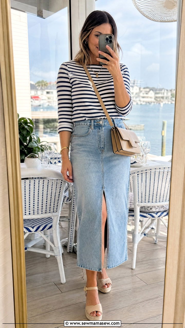 Denim Midi Skirt And Boatneck Top Birthday Brunch - 35 Birthday brunch outfits
