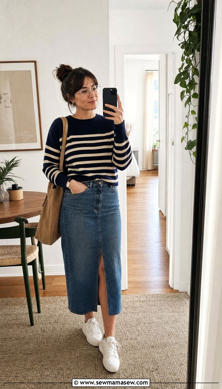Denim Midi Skirt And Striped Sweater With Sneakers - 25 cute librarian core outfits