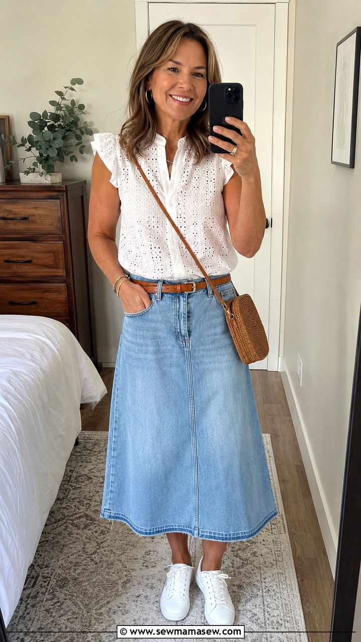 Denim Midi Skirt And White Blouse Picnic Look - 30 Picnic outfits for women over 40