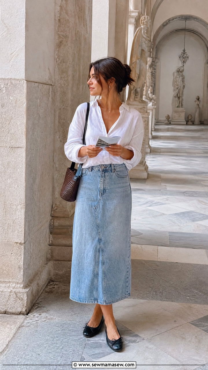 Denim Midi Skirt Linen Blouse Ballet Flats - 25 Italy packing list outfits