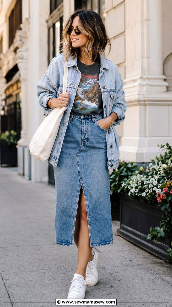Denim Midi Skirt Outfit with Graphic Tee and Denim Jacket - 30 spring midi skirt outfit ideas