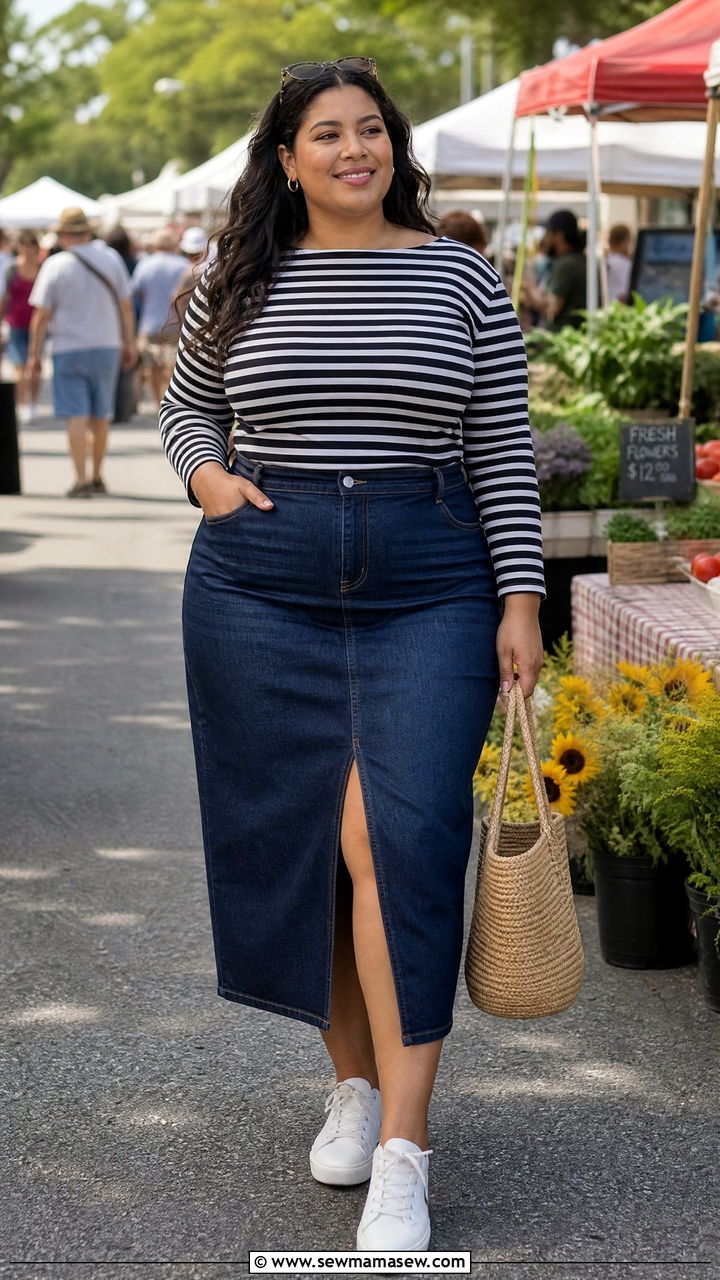 Denim Midi Skirt Outfit with a Striped Long Sleeve Top and White Sneakers - 25 Flattering outfits for big thighs
