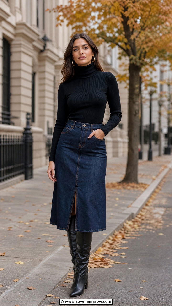 Denim Midi Skirt With Black Turtleneck And Tall Leather Boots - 30 classy trendy outfits