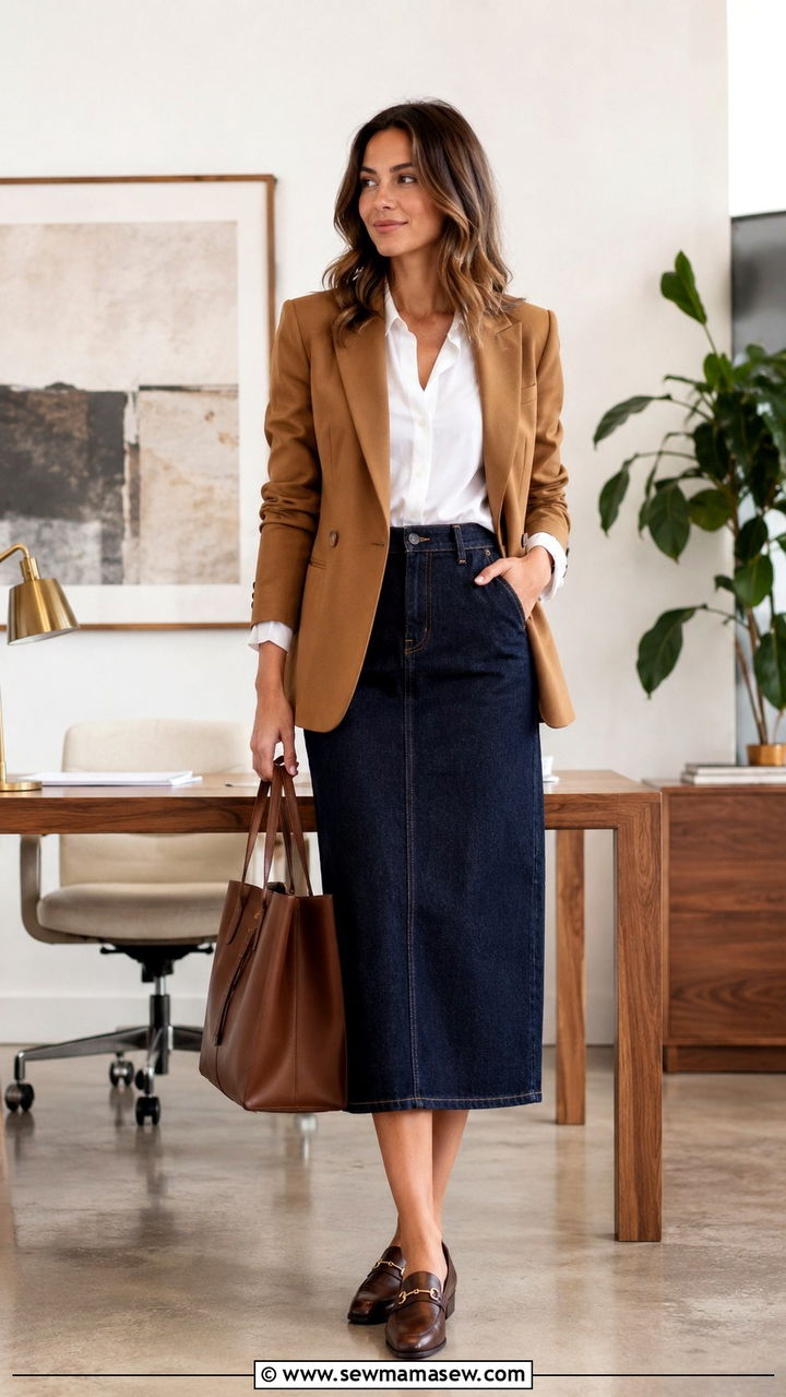 Denim Midi Skirt With Blazer - 30 Office outfits with midi skirt
