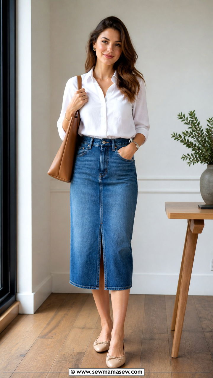 Denim Midi Skirt With Button Down Shirt And Ballet Flats - 40 casual work outfits