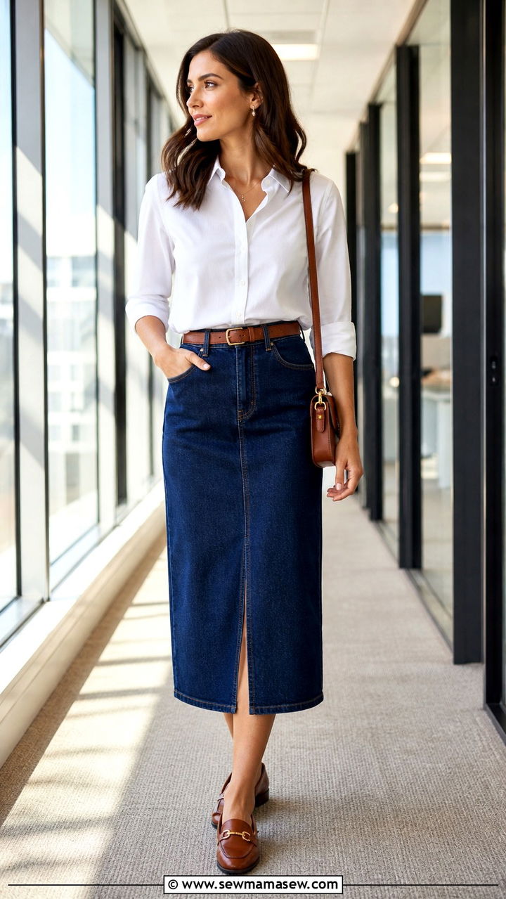 Denim Midi Skirt With Button Down Shirt and Loafers - 40 cute denim skirt outfits