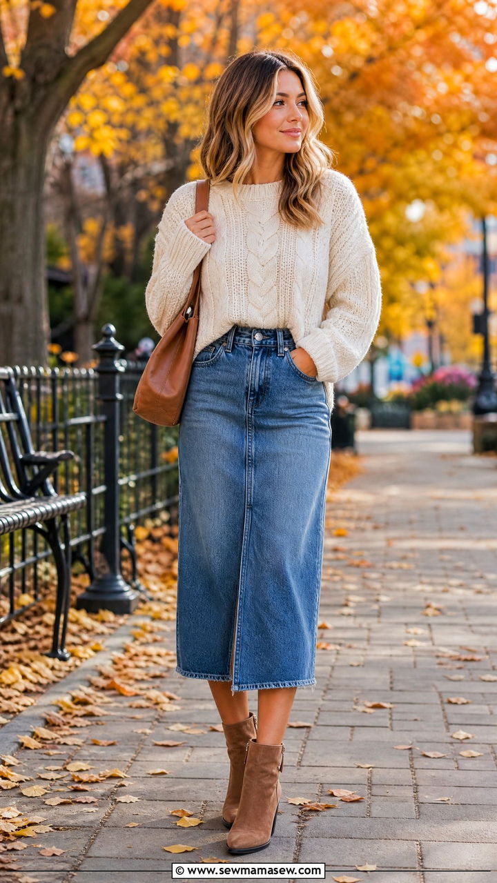 Denim Midi Skirt With Chunky Knit Sweater - 25 how to style denim skirt
