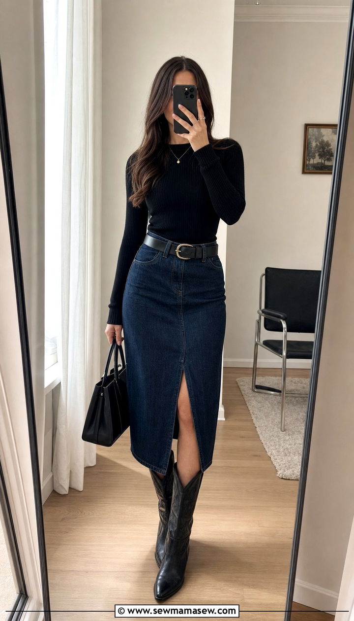 Denim Midi Skirt With Cowboy Boots Outfit - 25 Cowboy boots outfit ideas with a skirt