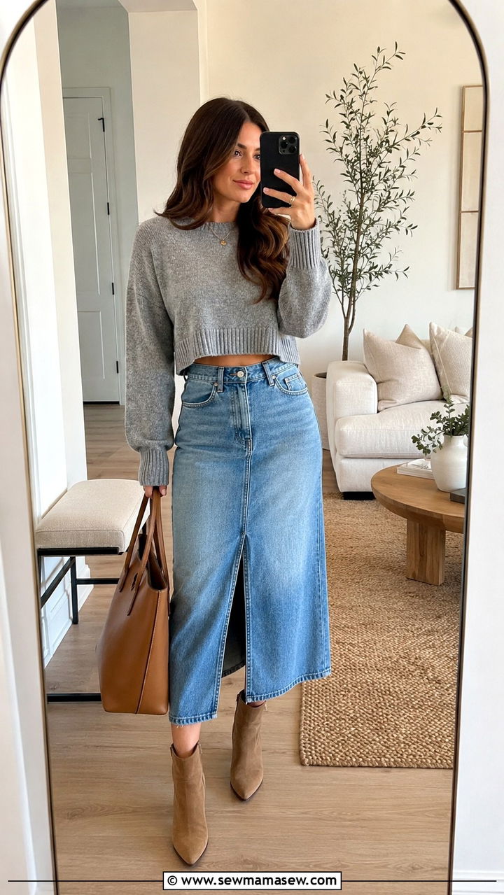 Denim Midi Skirt With Cropped Knit And Ankle Boots - 30 cute transitional outfits