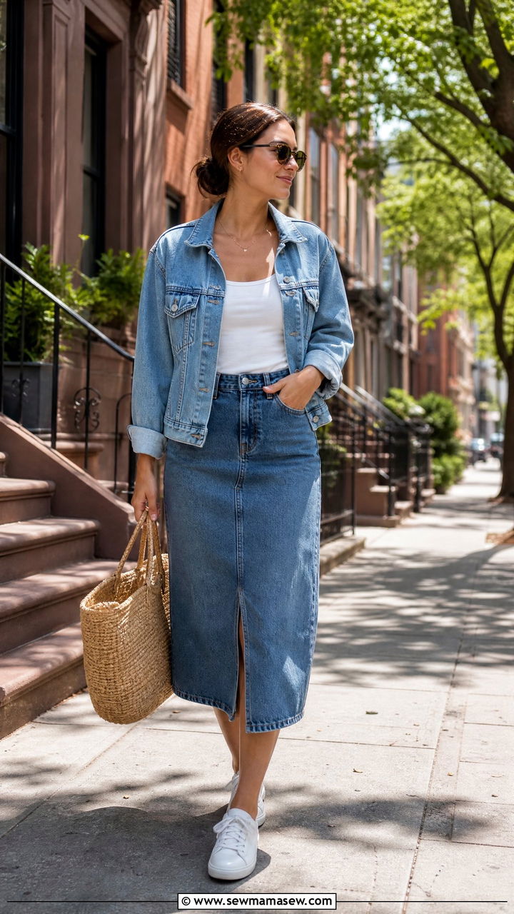 Denim Midi Skirt With Denim Jacket Outfit - 25 how to style denim skirt