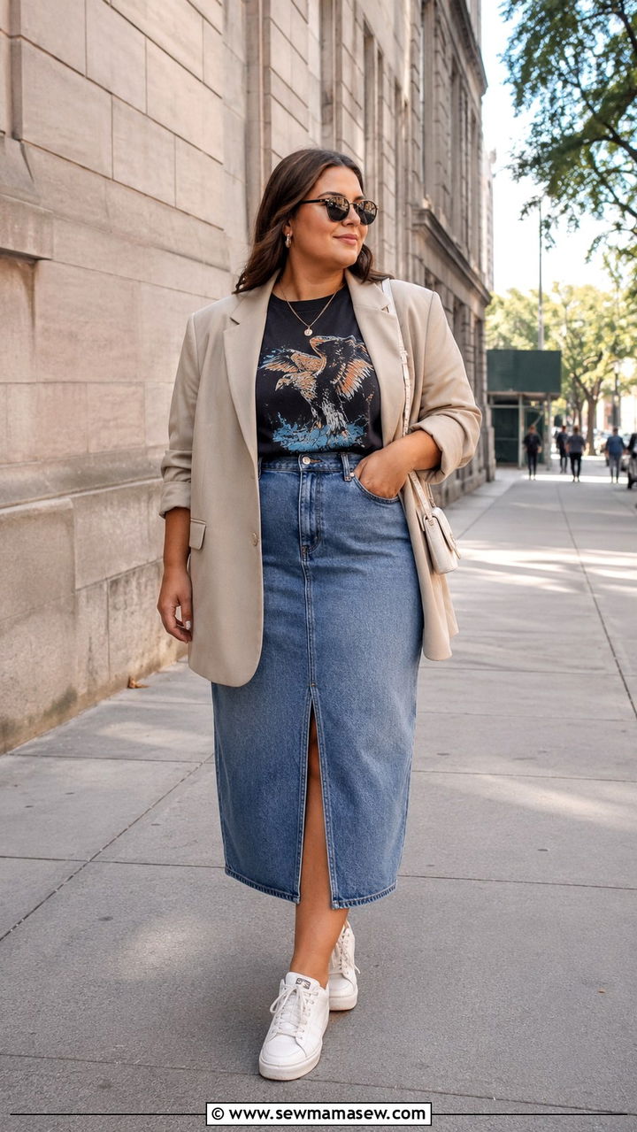 Denim Midi Skirt With Graphic Tee And Oversized Blazer Petite Plus Size - 20 Petite plus size outfit ideas 18