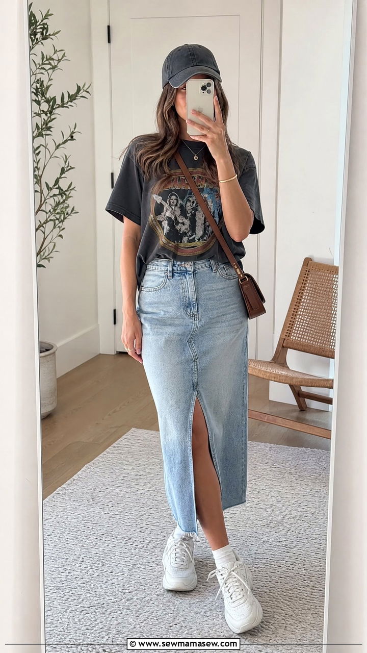 Denim Midi Skirt With Graphic Tee - 35 midi skirt outfit ideas for women