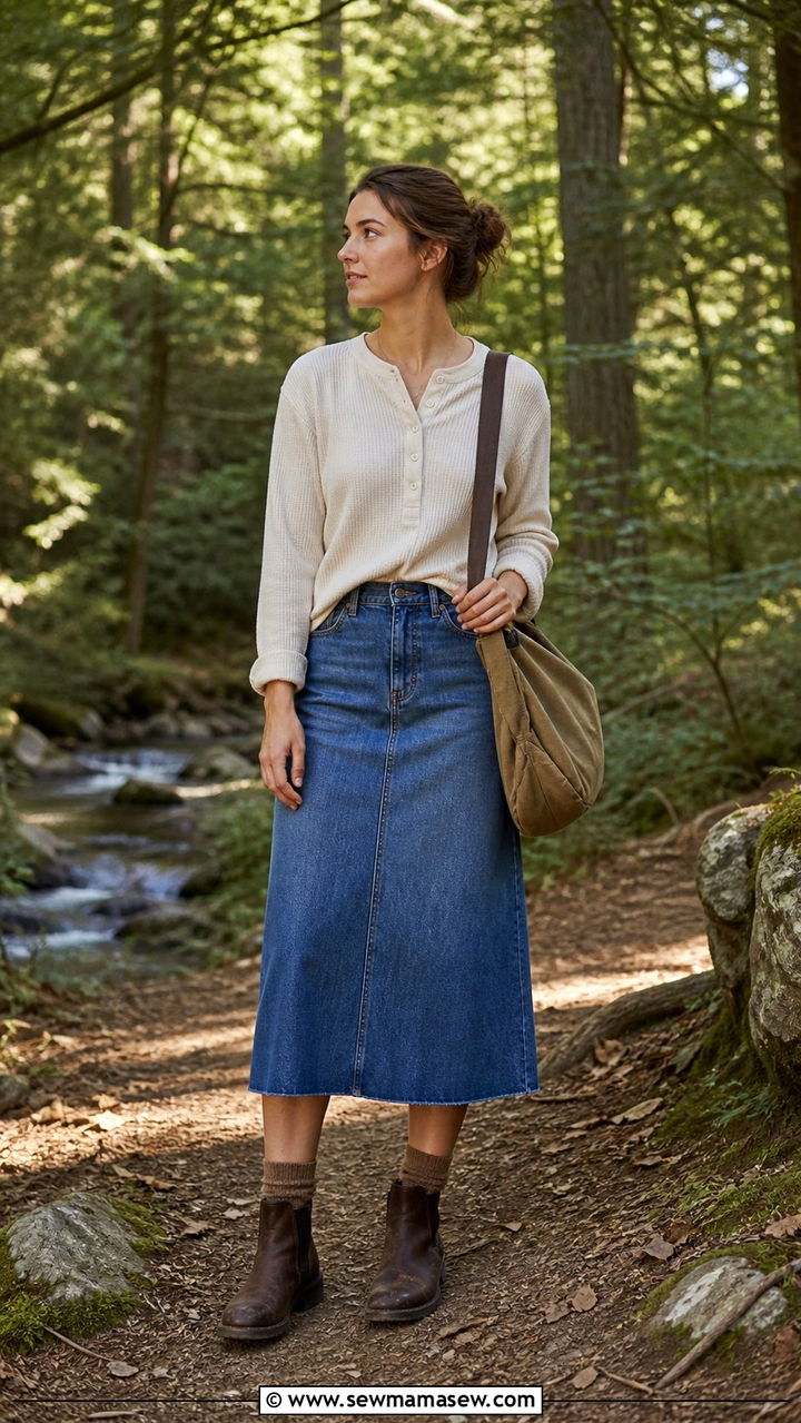 Denim Midi Skirt With Henley Top And Boots - 40 casual denim skirt outfits