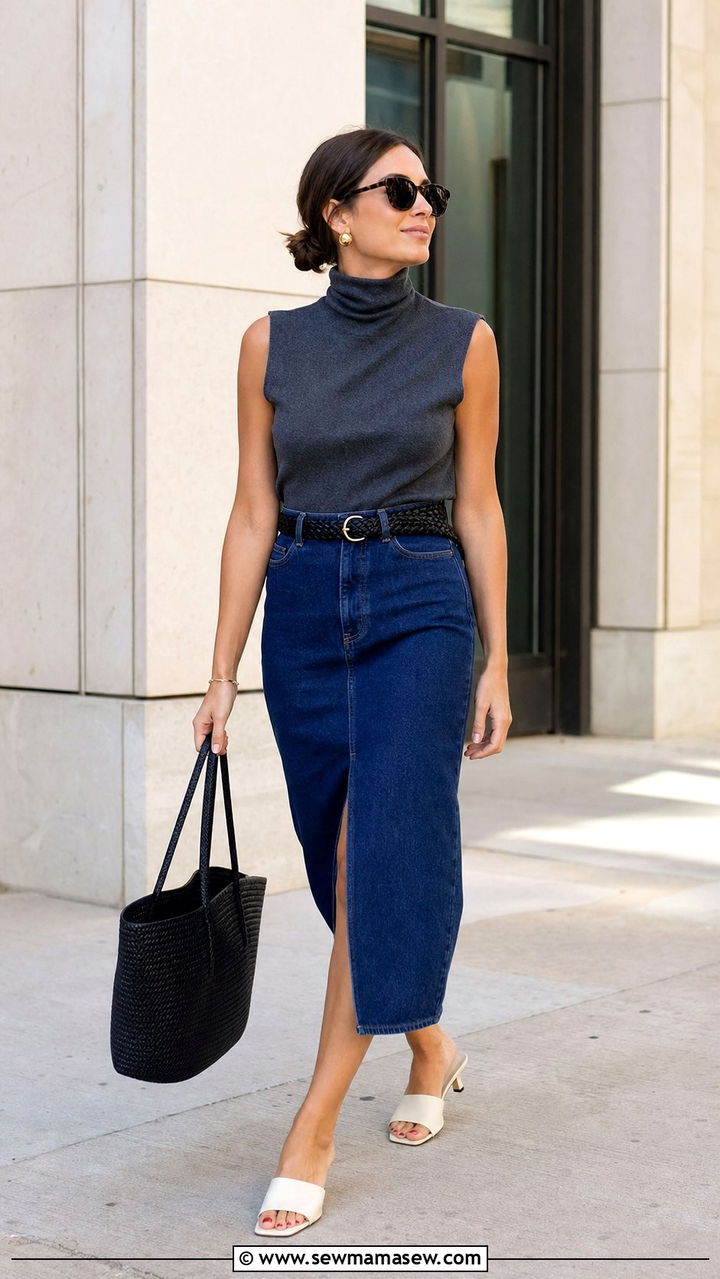 Denim Midi Skirt With Kitten Heel Mules Outfit - 25 summer outfits with kitten heels
