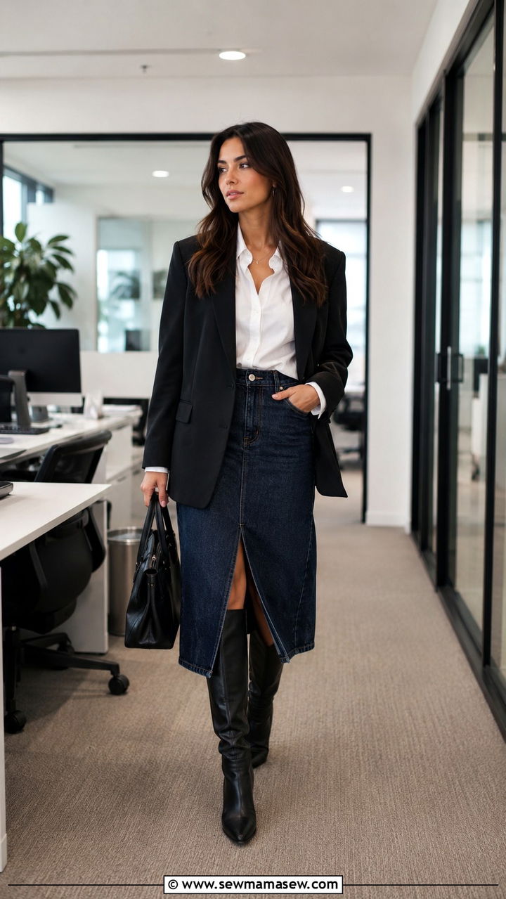 Denim Midi Skirt With Knee High Boots - 30 Midi skirt outfit ideas with boots