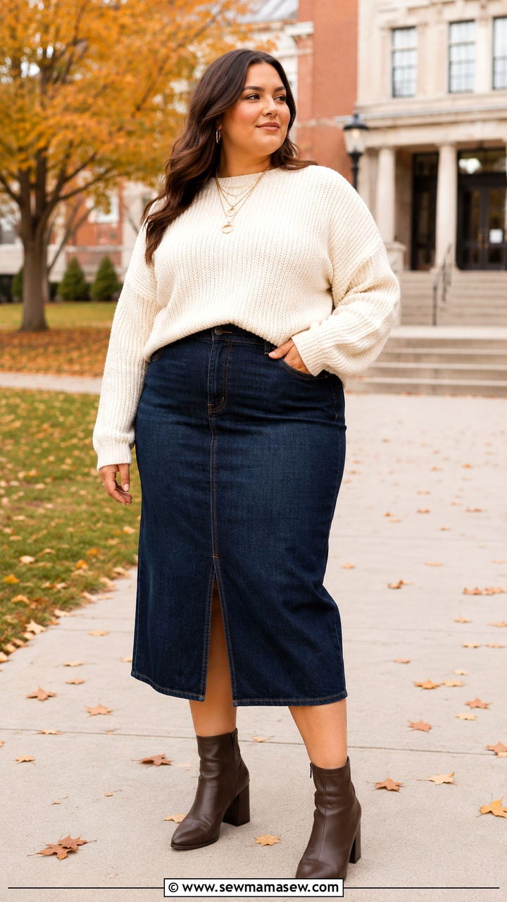 Denim Midi Skirt With Knit Sweater And Ankle Boots - 30 Plus size outfit ideas for college