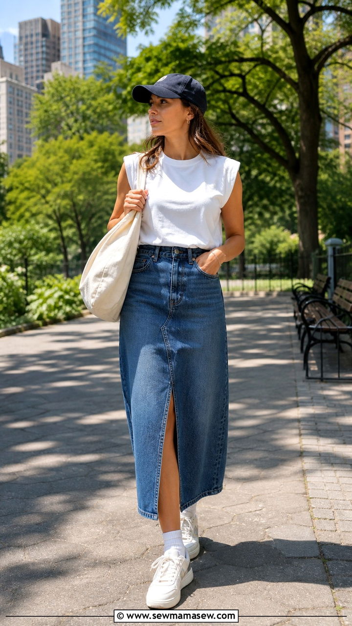 Denim Midi Skirt With Muscle Tee And Sneakers - 40 casual denim skirt outfits