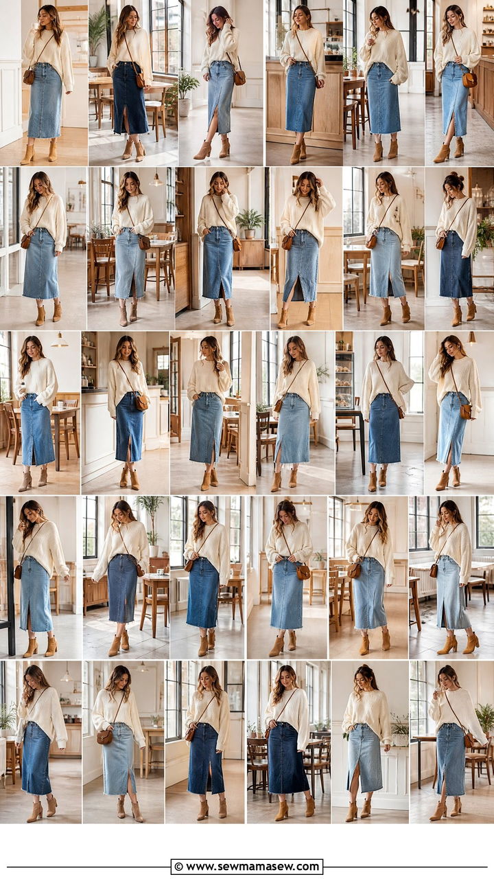 Denim Midi Skirt With Oversized Sweater - 30 modest classy outfits 2026
