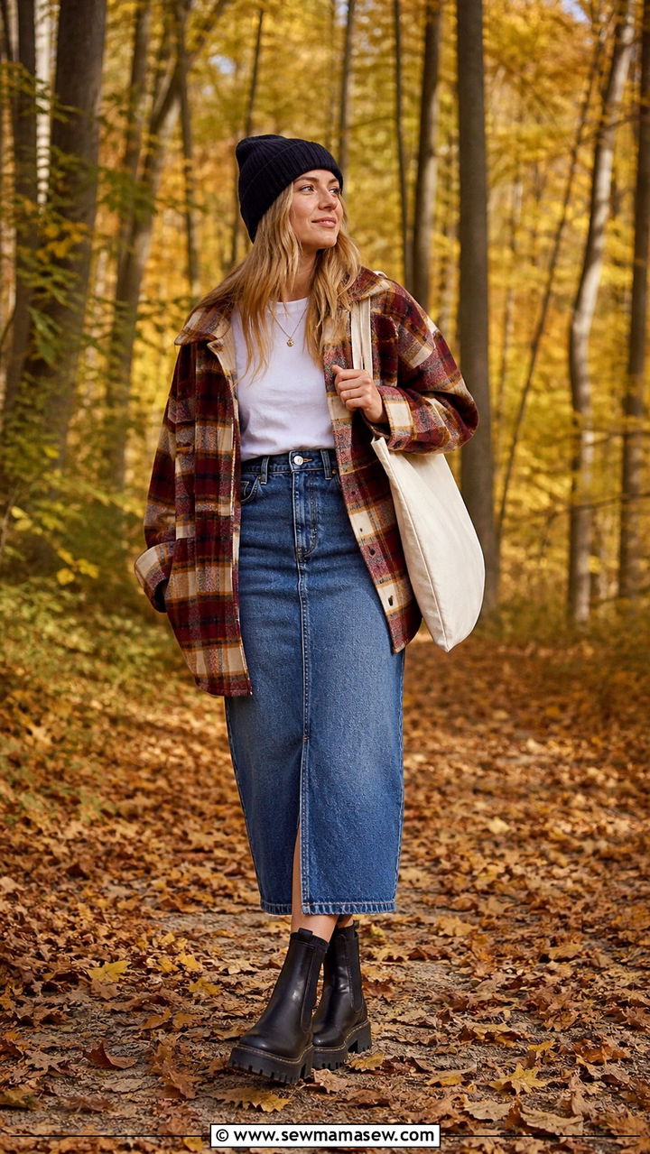 Denim Midi Skirt With Plaid Shacket - 40 casual denim skirt outfits